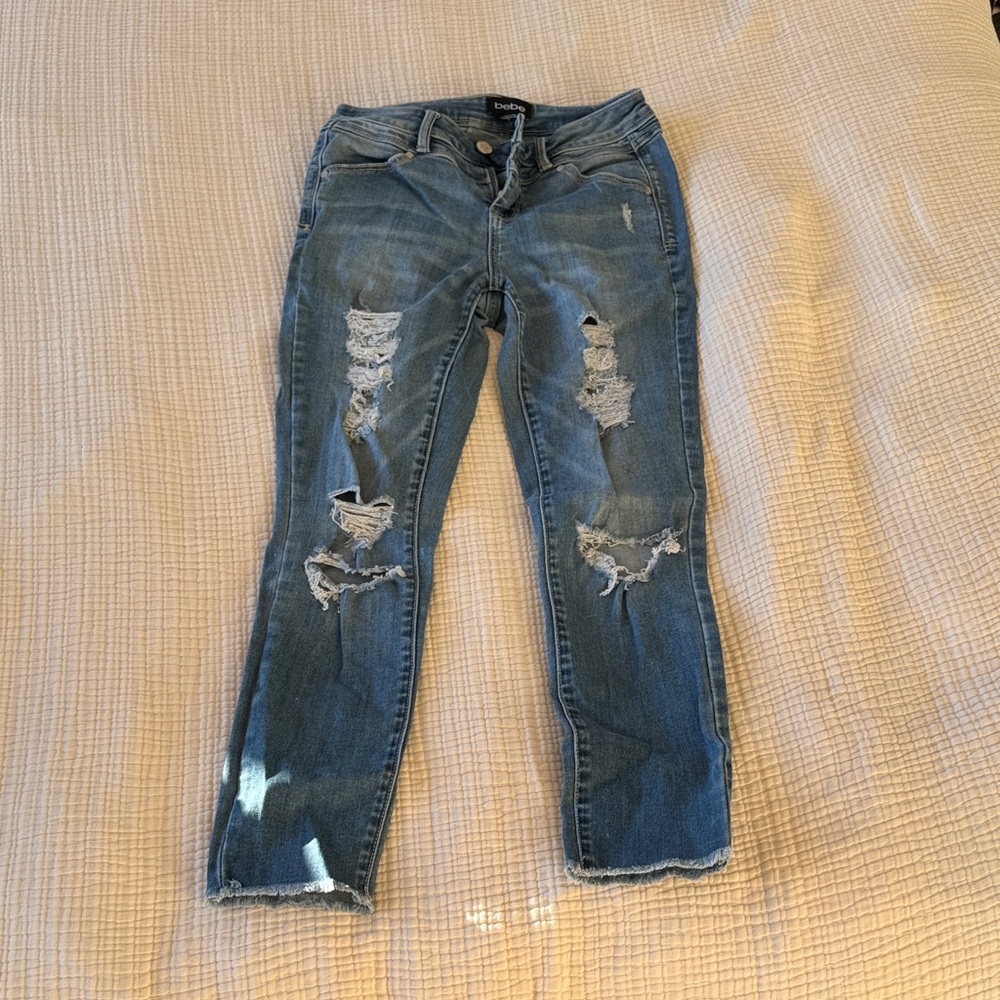 bebe Blue Distressed Straight Leg Jeans